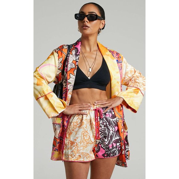 Zara color block belted kimono jacket with pockets silky polyester orange purple - Picture 1 of 10